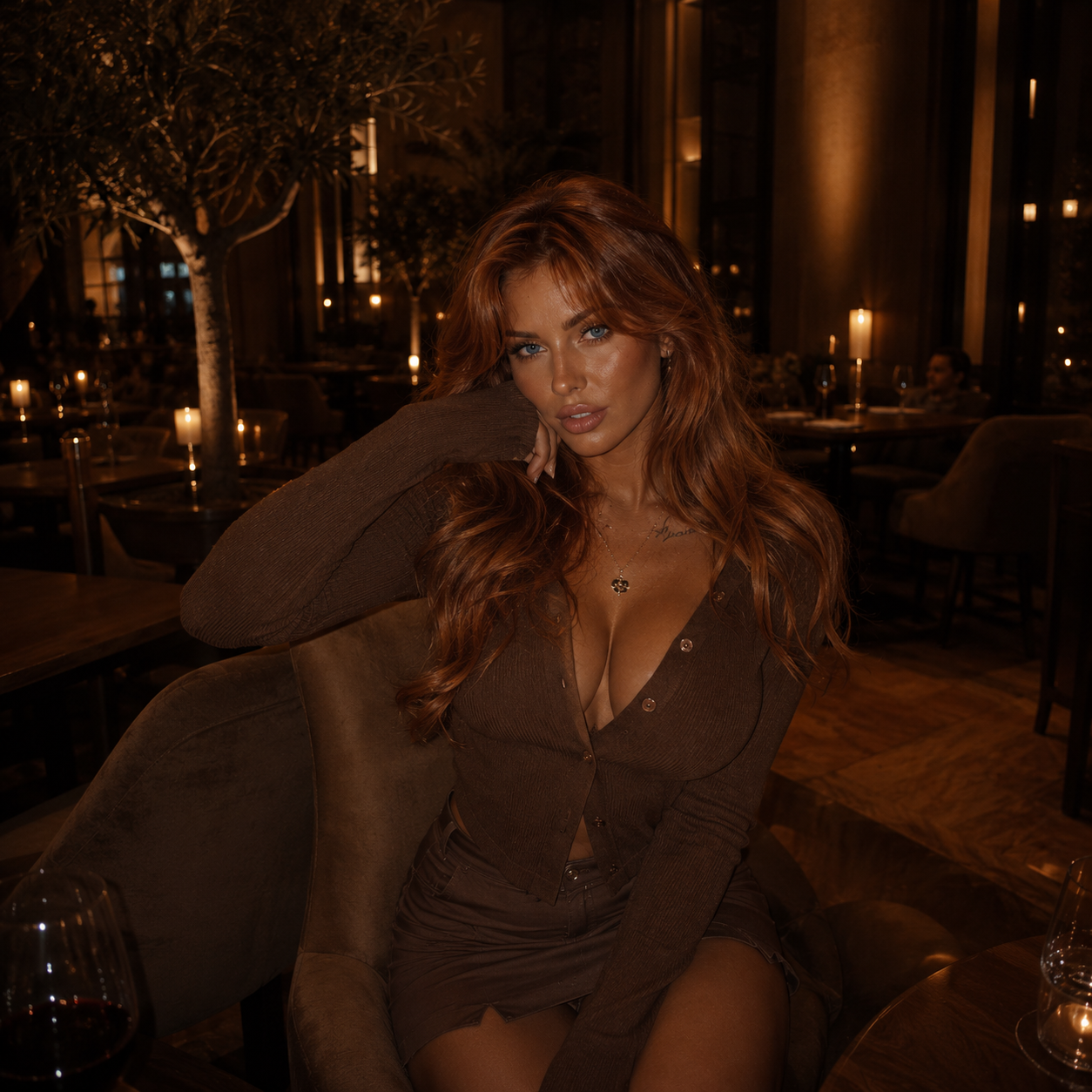 Scarlett Vane, the featured Temptation AI companion, in a sultry intimate portrait